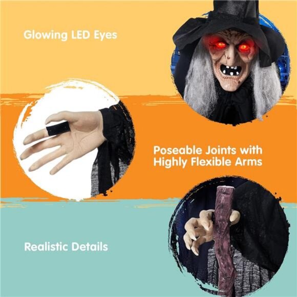 72" Outdoor Halloween Decorations Animatronics Witch with Cane, Life Size - Picture 2 of 7